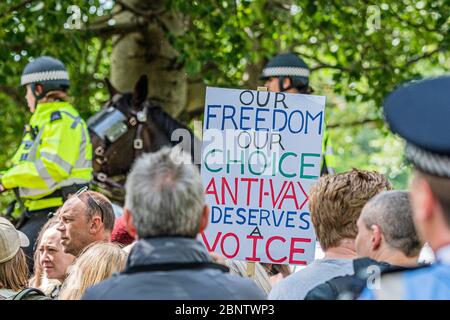 Londra, Regno Unito. 16 maggio 2020. Anti Vax - UN cosiddetto 'Mass' raduno si svolge a Hyde Park come un piccolo gruppo di manifestanti dicono di no alla 'legge del coronavirus' e no al 'blocco illegale', in quanto temono per la loro libertà durante la pandemia del coronavirus. La protesta è stata sopravuta da polizia e giornalisti e ha attirato persone contro le vaccinazioni, il 5G, Bill Gates, pedofili, tracking e molte altre cose. Il "blocco" continua per l'epidemia di Coronavirus (Covid 19) a Londra. Credit: Guy Bell/Alamy Live News Foto Stock