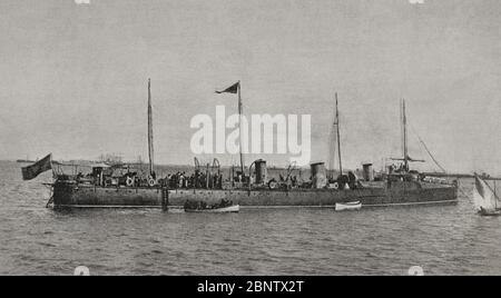 Guerra hispano-estadounidense o Guerra de Cuba. España y Estados Unidos en 1898, resultado de la intervención estadounidense en la guerra de independencia cubana. Marina de Guerra española. Distruttore de torpederos'Terror', fondeados en San Juan de Puerto Rico. Fotogabado. La Ilustración Española y americana, 22 de Junio de 1898. Foto Stock