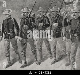 Guerra hispano-estadounidense o Guerra Hispano-Cubano-Norteamericana. España y Estados Unidos en 1898, resultado de la intervención estadounidense en la guerra de independencia cubana. El reggimento de infantería de línea número 13, recidentemente llegado a Tampa. Fotogabado. La Ilustración Española y americana, 15 de mayo de 1898. Foto Stock