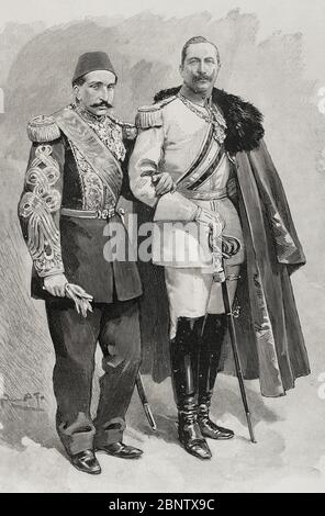 Viaje de los imperadores de Alemania, Guillermo II (1859-1941) y Augusta Victoria de Schleswig-Holstein a Tierra Santa. El sultán Otomano Abudul Hamid II (1842-1918) Junto al emperador alemán Guillermo II Grado. La Ilustración española y americana, 8 de noviembre de 1898. Foto Stock