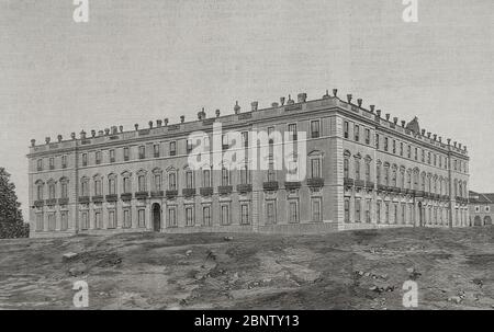 Guerra hispano-estadounidense o Guerra de Cuba. España y Estados Unidos en 1898, resultado de la intervención estadounidense en la guerra de independencia cubana. España. El Palacio Real de Riofrío, destinado por la reina regente María Cristina de Habsburgos-Lorena a sanatorio de soldados repatriados. Fotogabado por Laporta. La Ilustración Española y americana 30 de septiembre de 1898. Foto Stock