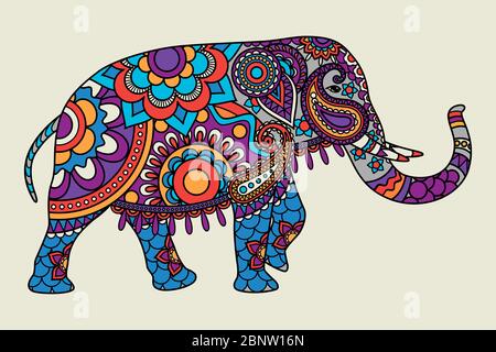 Elefante indiano ornato mano disegnata colorata ilstration. Illustrazione vettoriale Illustrazione Vettoriale