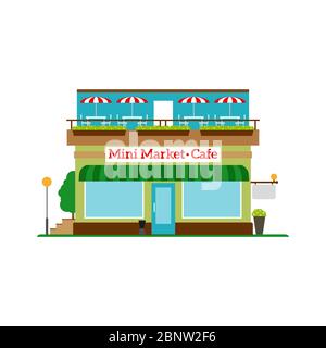 Icona in stile piatto del Mini Market Cafe isolata su bianco. Illustrazione vettoriale Illustrazione Vettoriale