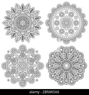 Set di mandala floreali boho indiano, modello di pagine da colorare. Illustrazione vettoriale Illustrazione Vettoriale
