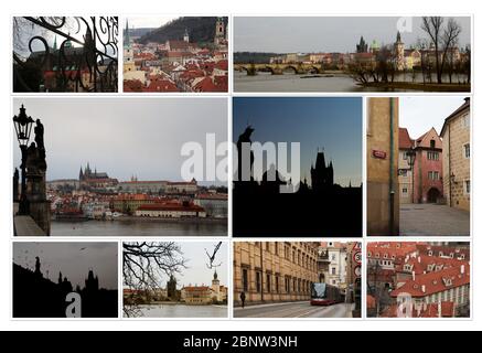 Collage di famose attrazioni di Praga, siti patrimonio mondiale. Luoghi storici della capitale della Repubblica Ceca, centro culturale d'Europa. Epoca gotica, rinascimentale e barocca. Foto Stock