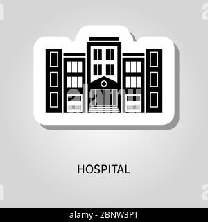 Icona dell'adesivo web vettoriale per la costruzione della silhouette nera dell'ospedale Illustrazione Vettoriale