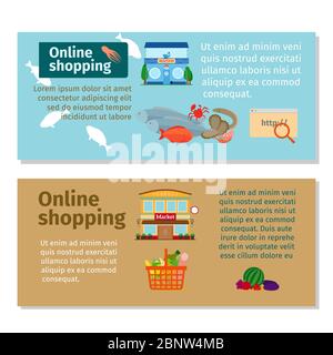 Negozio online di alimentari e frutti di mare flyers orizzontale design. Illustrazione vettoriale Illustrazione Vettoriale