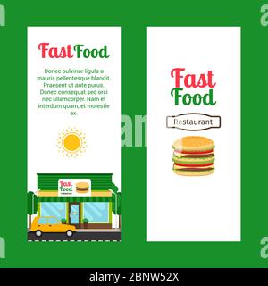 Fast food ristorante volantini verticali con negozio costruzione e paesaggio, illustrazione vettoriale Illustrazione Vettoriale