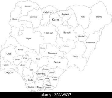 Mappa della regione della Nigeria con etichette per i nomi. Mappa politica. Perfetto per concetti aziendali, sfondi, sfondo, poster, adesivi, banner, etichette e sfondo Illustrazione Vettoriale