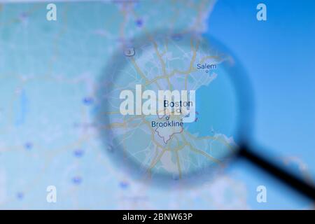 Los Angeles, California, USA - 1 maggio 2020: Nome della città di Boston con posizione sulla mappa da vicino, editoriale illustrativo Foto Stock
