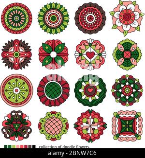 Collezione di fiori etnici di Doodle. Fiori colorati a mano vettoriali Illustrazione Vettoriale