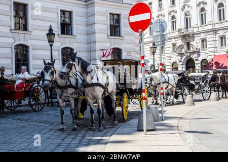 Vienna, Austria - 18 giugno 2018: Carrozze trainate da cavalli nell'Ala di San Michele, Michaelerplatz Foto Stock