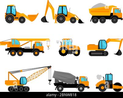 Icone di macchinari per costruzioni e attrezzature per costruzioni su sfondo bianco. Illustrazione vettoriale Illustrazione Vettoriale