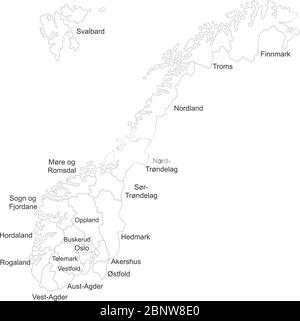 Mappa della regione norvegese con etichette per i nomi. Mappa politica. Perfetto per concetti aziendali, sfondi, sfondo, poster, adesivi, banner, etichette e sfondo. Illustrazione Vettoriale