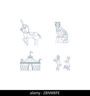 Icone d'arte della linea Circus con tenda a cavallo tigre e cani. Illustrazione vettoriale Illustrazione Vettoriale