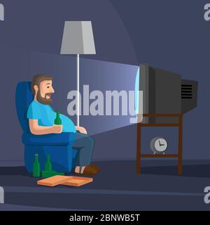 Cartoon Man guardare la TV con una bottiglia di birra vettore illustrazione Illustrazione Vettoriale
