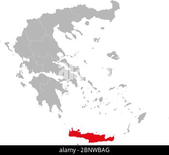 Isola di Creta evidenziata di colore rosso sul vettore della mappa della grecia. Paese europeo. Sfondo grigio. Illustrazione Vettoriale