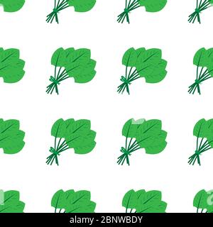 Motivo senza cuciture realizzato in un mazzo di spinaci verde piatto. Isolato su sfondo bianco. Illustrazione del vettore. Illustrazione Vettoriale