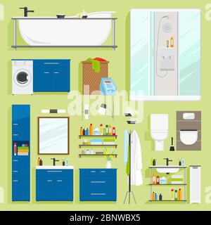 Vettore attrezzature bagno. Bagno con doccia, lavandino e icone wc Illustrazione Vettoriale