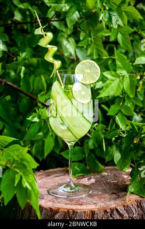 Acqua di cetriolo o limonata in vetro con lime su ceppo di legno in foresta. Rinfrescante concetto di bevanda estiva. Foto Stock