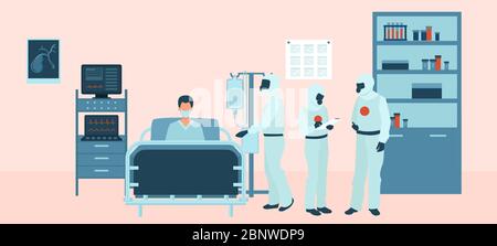 Vettore di un team medico in dispositivi di protezione personale assistendo, trattando un paziente in unità di terapia intensiva Illustrazione Vettoriale