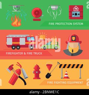 Vigili del fuoco bandiere orizzontali piatte per infografiche di pagina web. Fumo vettoriale e allarme antincendio, camion antincendio e attrezzature antincendio Illustrazione Vettoriale