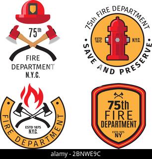 Stemmi dei vigili del fuoco e stemmi dei vigili del fuoco con assi incrociati vettoriali e casco da fuoco Illustrazione Vettoriale