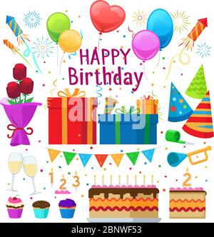 Felice festa di compleanno cartone animato decorazione elementi vettoriali isolati su sfondo bianco Illustrazione Vettoriale