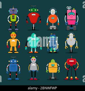 Robot carino icone colorate grande set. Illustrazione vettoriale Illustrazione Vettoriale