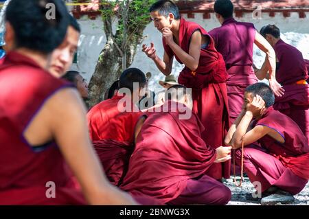 Le dispute dei monaci nel cortile di discussione del Monastero di sera, Lhasa, Tibet. I dibattiti tra i monaci sulle dottrine del buddismo tibetano. Sera Monastero è Foto Stock