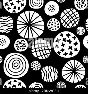 Motivo di schizzo a punti di polka grande. Grafica vettoriale in bianco e nero con punti dipinti a mano o con punti circolari senza cuciture per la stampa su tessuto Illustrazione Vettoriale
