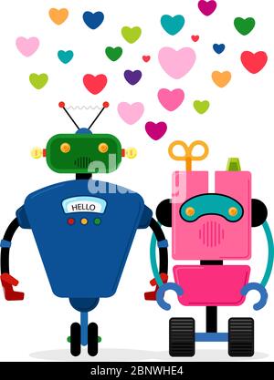 Illustrazione vettoriale della storia d'amore del robot. Due robot che tengono la mano su sfondo bianco Illustrazione Vettoriale