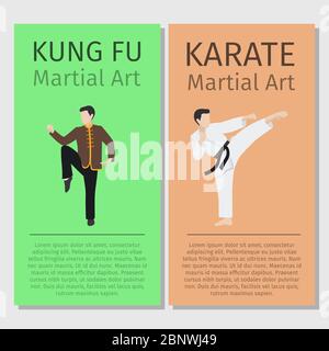 Set di volantini vettoriali per arti marziali asiatiche. Illustrazione dei personaggi Kung fu e Karate man Illustrazione Vettoriale