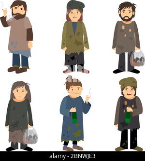 Persone senza dimora uomini e donne icone vettoriali isolati su sfondo bianco Illustrazione Vettoriale