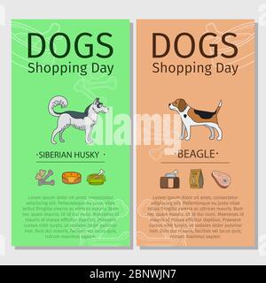 Volantini giornalieri per lo Shopping dei cani. Husky siberiano e razze di cane Beagle. Illustrazione vettoriale Illustrazione Vettoriale