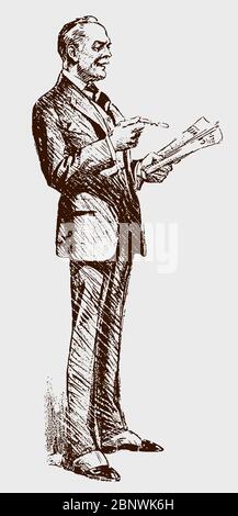 Vecchio uomo in piedi degli inizi del 20 ° secolo indossare abiti e ghette, tenendo bicchieri e la lettura di un giornale Illustrazione Vettoriale