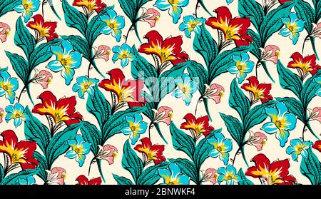 Design floreale rosso con illustrazione senza cuciture e sfondo chiaro per le stampe tessili. Foto Stock