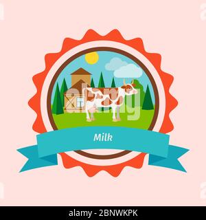 Icona di un piatto di mucca a forma di cerchio. Disegno etichetta latte vettoriale con paesaggio agricolo Illustrazione Vettoriale