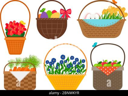 Cestini di Pasqua con fiori di bellezza e simpatico coniglietto, uova e mele vettore isolato su sfondo bianco Illustrazione Vettoriale