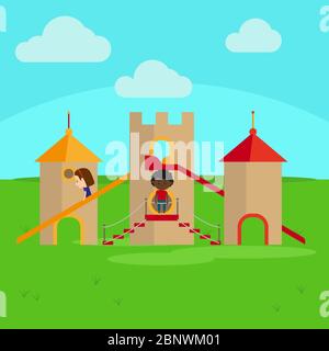 Bambini nel parco giochi nella illustrazione vettore di castel Cartoon Illustrazione Vettoriale