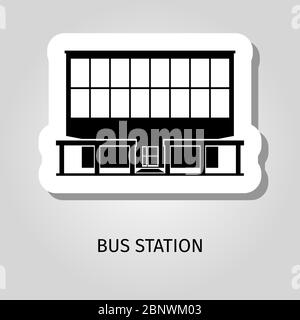 Icona dell'adesivo Web vettoriale per la costruzione della silhouette della stazione degli autobus Illustrazione Vettoriale