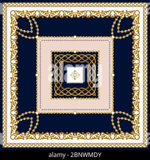 Design di sciarpe per Silk Print. Barocco dorato con catene, blu scuro e bianco. Modello di stile indiano pronto per il tessile. Foto Stock