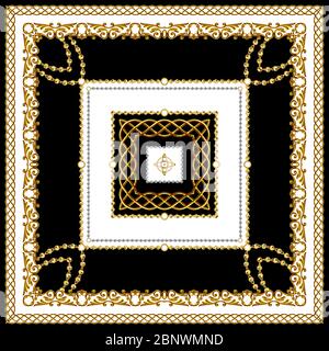 Design di sciarpe per Silk Print. Barocco dorato con catene, colori Bianco e Nero. Modello di stile indiano pronto per il tessile. Foto Stock