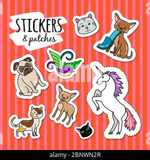 Diversi animali adesivi macchie su sfondo rosso a strisce. Collezione di badge vettoriali Illustrazione Vettoriale