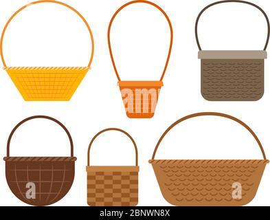Cestelli vuoti isolati su sfondo bianco. Set di cestini da picnic in vimini Illustrazione Vettoriale