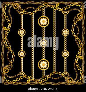 Barocco dorato con catene su sfondo nero. Modello di stile moderno pronto per il tessile. Design di sciarpe per Silk Print. Foto Stock