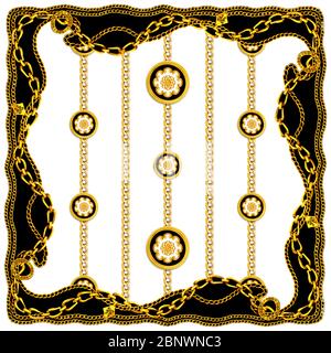 Barocco dorato con catene su sfondo bianco. Modello di stile moderno pronto per il tessile. Design di sciarpe per Silk Print. Foto Stock