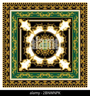 Barocco dorato con catene su sfondo nero e verde. Modello di stile moderno pronto per il tessile. Design di sciarpe per Silk Print. Foto Stock
