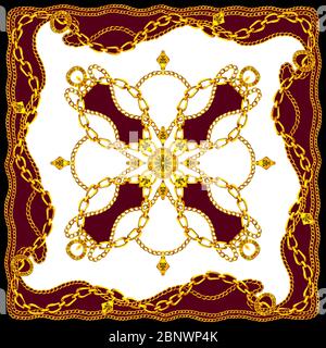 Sciarpa di seta con catene dorate. Gioielli Shawl Design su sfondo bianco. Barocco dorato di lusso. Pronto per stampe tessili. Foto Stock