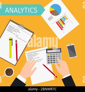 Illustrazione vettoriale della vista superiore dell'analisi aziendale e del controllo finanziario Illustrazione Vettoriale